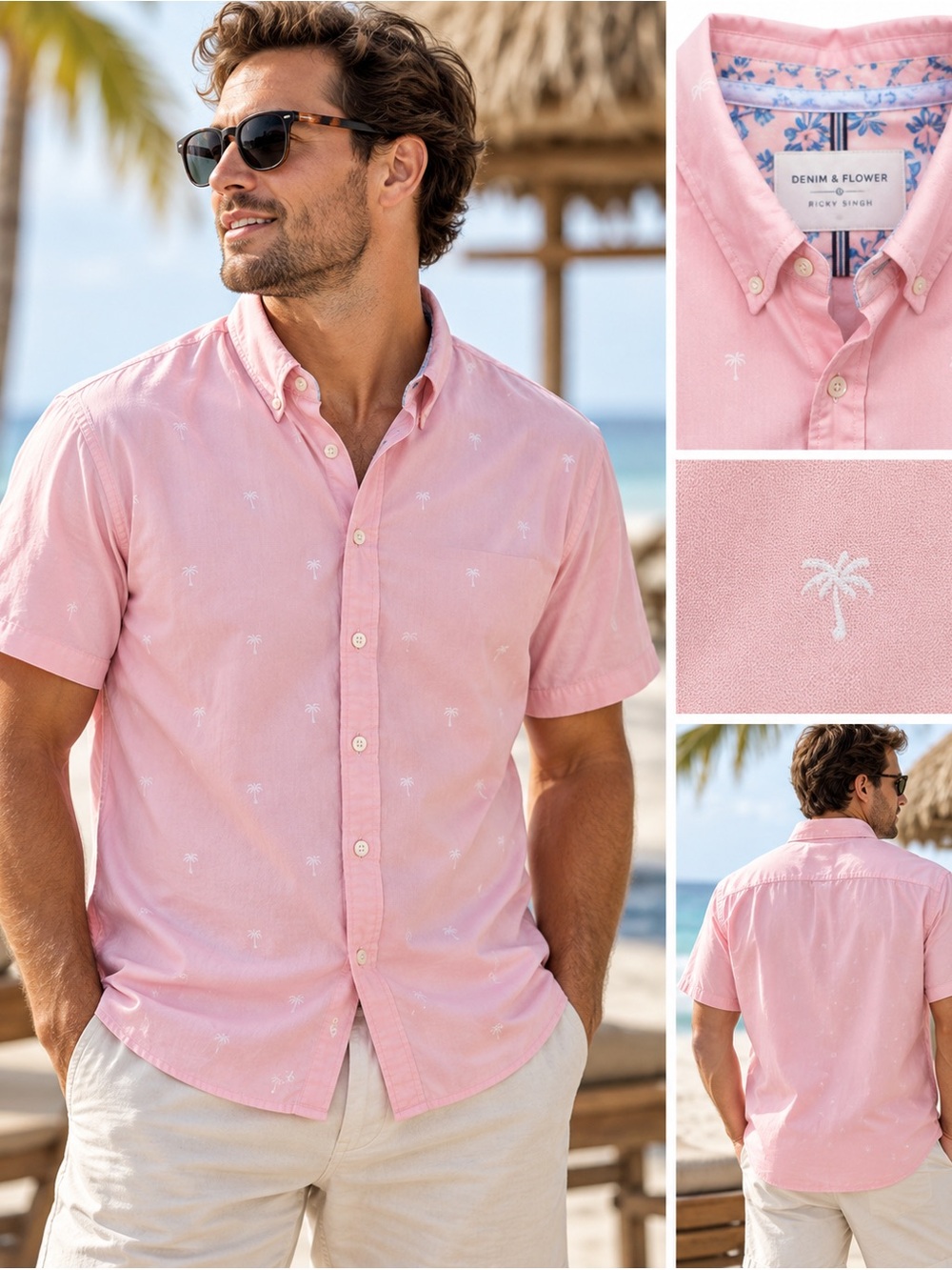 Denim & Flower Ricky Singh Men’s Pink Palm Tree Print Button Down Shirt L